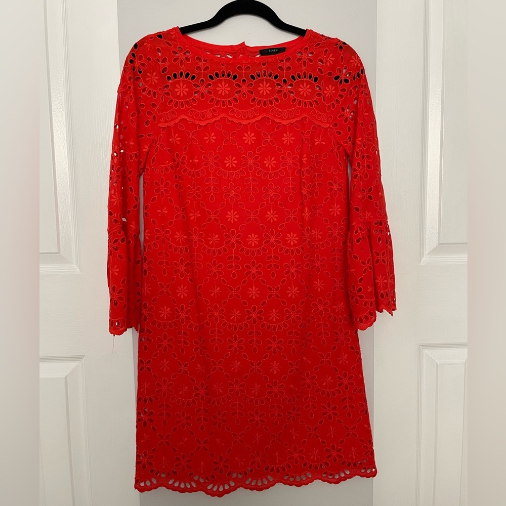 J. Crew Poppy Colored Lace Dress with Bell Sleeves and Crew Neck